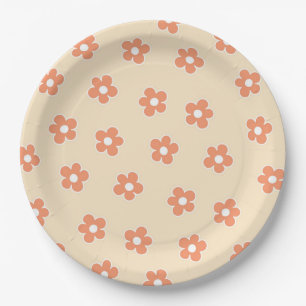 Preppy Peach White Hippie Flower Pattern Paper Plate