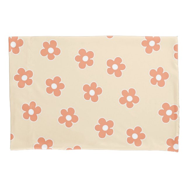 Preppy Peach White Hippie Flower Pattern Pillowcase (Front)