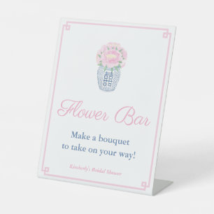 Preppy Peony Pink Blue Flower Bar Pedestal Sign
