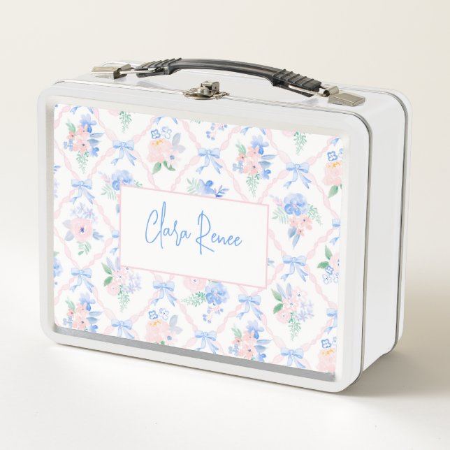 Preppy Personalised floral trellis bows Metal Lunch Box (Front)