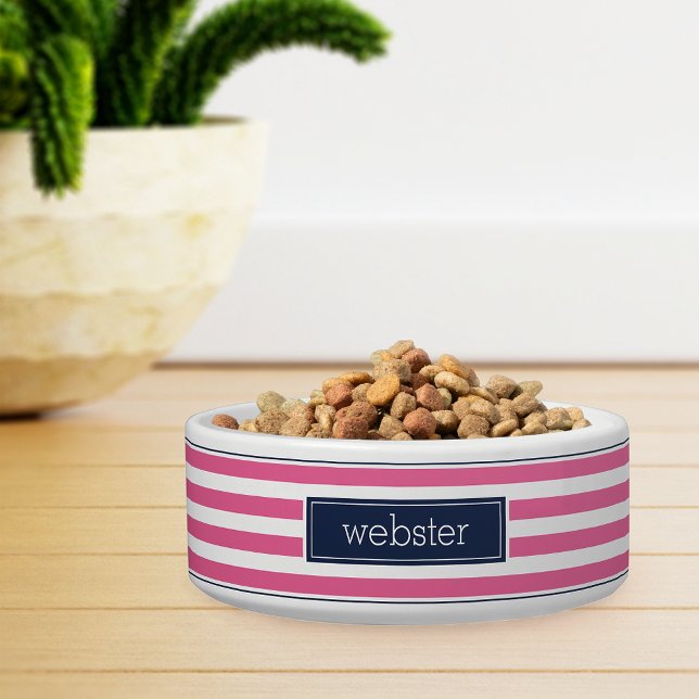 Preppy Personalised Pink & Navy Stripe Pet Bowl (Creator Uploaded)