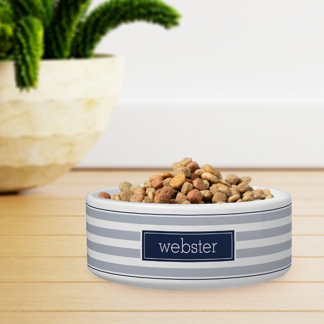 Preppy Personalized Navy & Gray Stripe Pet Bowl (Creator Uploaded)