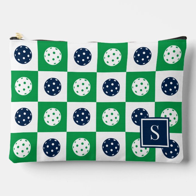 Preppy Pickleball Chequerboard - Green & Navy Accessory Pouch (Front)