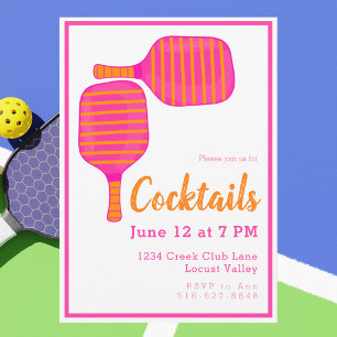 Preppy Pickleball Cocktail Party Pink Orange Invitation