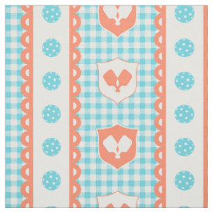 Preppy Pickleball Crest Gingham Coral & Turquoise Fabric