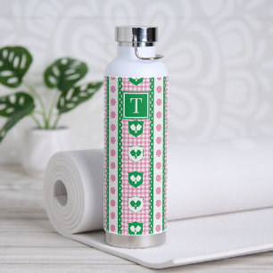 Preppy Pickleball Crest Gingham - Pink & Green Water Bottle