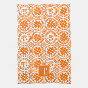 Preppy Pickleball Damask - Orange Dink Motif Tea Towel