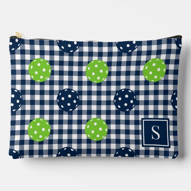 Preppy Pickleball Gingham Navy &Lime Monogram Accessory Pouch (Front)