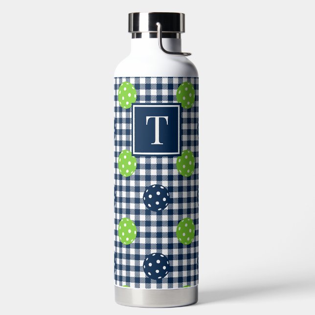 Preppy Pickleball Gingham - Navy & Lime Water Bottle (Left)