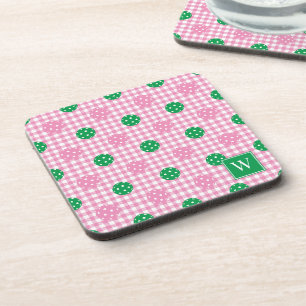 Preppy Pickleball Gingham – Pink & Green Coaster
