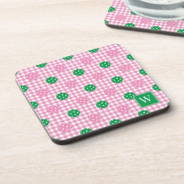 Preppy Pickleball Gingham – Pink & Green Coaster (Left Side)