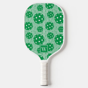 Preppy Pickleball Greek Key - Green Monogram Paddle