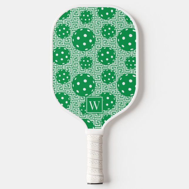 Preppy Pickleball Greek Key - Green Monogram Paddle (Front)