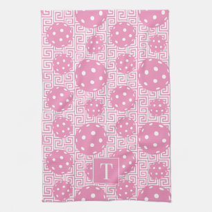 Preppy Pickleball Greek Key - Pink & White Tea Towel
