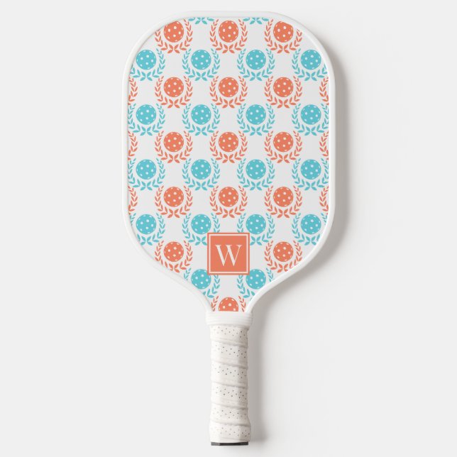 Preppy Pickleball Laurel Coral Turquoise Monogram Paddle (Front)