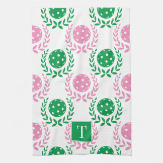 Preppy Pickleball Laurel Wreath - Pink & Green Tea Towel