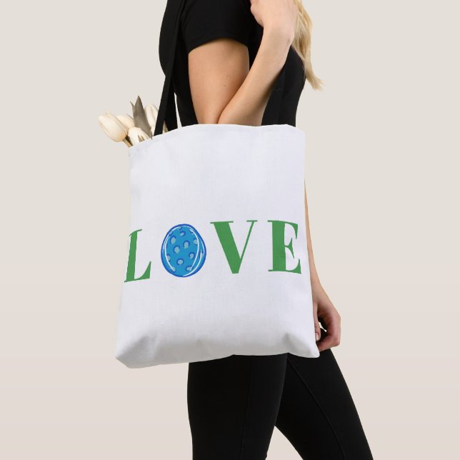 Preppy Pickleball Love Ball Blue Green Tote Bag (Close Up)