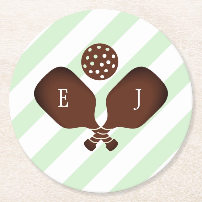 Preppy Pickleball Stripes Wedding Round Paper Coaster (Front)