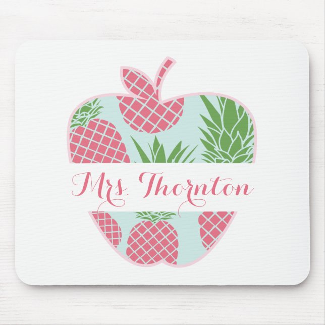 Preppy Pineapple Print Apple Personalised Teacher Mouse Mat (Front)