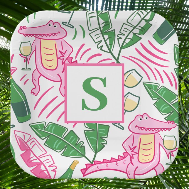 Preppy Pink Alligator Monogram / Wine Lover Paper Plate (Creator Uploaded)