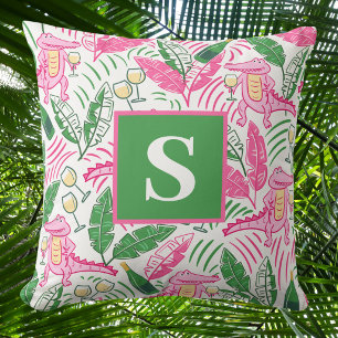 Preppy Pink Alligator Monogram / Wine Palm Leaves Cushion
