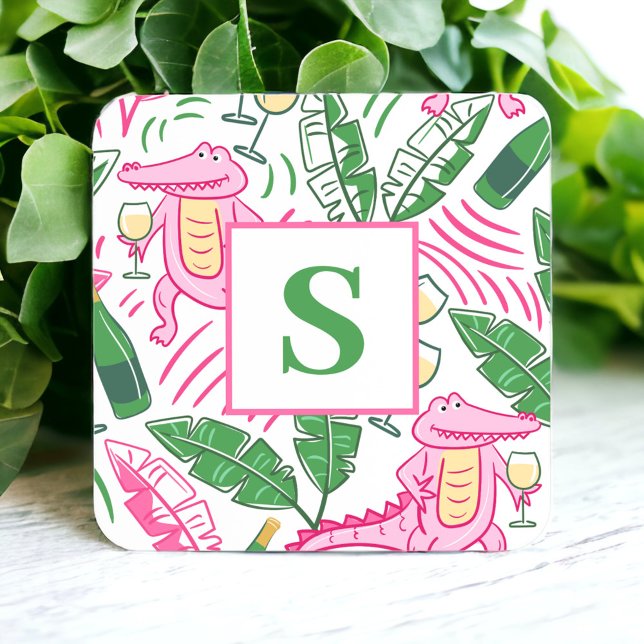 Preppy Pink Alligator Wine Personalised Monogram Square Paper Coaster (Creator Uploaded)