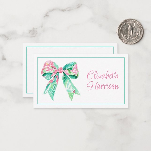 Preppy Pink and Aqua Floral Bow Card (Front/Back In Situ)