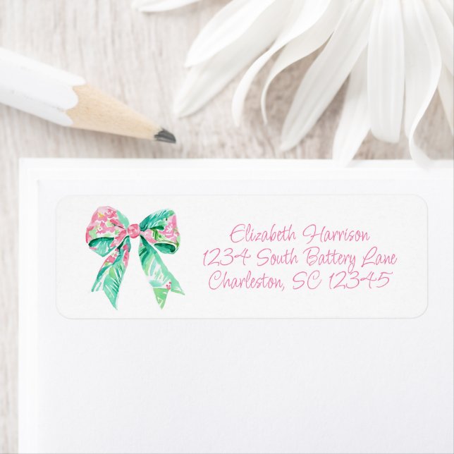 Preppy Pink and Aqua Floral Bow Return Address (Insitu)