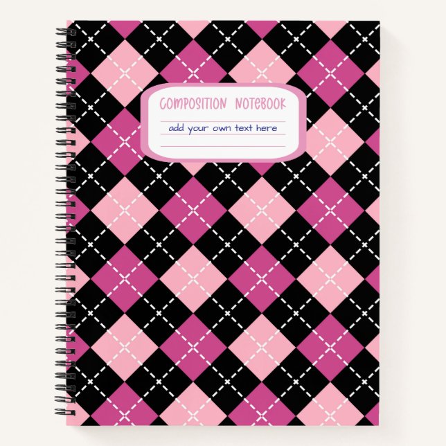 Preppy Pink and Black Argyle Plaid Composition Notebook (Front)