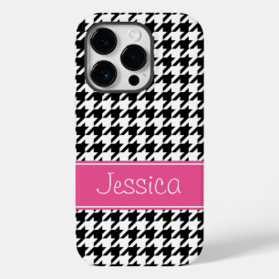 Preppy Pink and Black Houndstooth Personalised Case-Mate iPhone 14 Pro Case