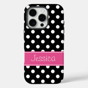 Preppy Pink and Black Polka Dots Personalised iPhone 16 Pro Case