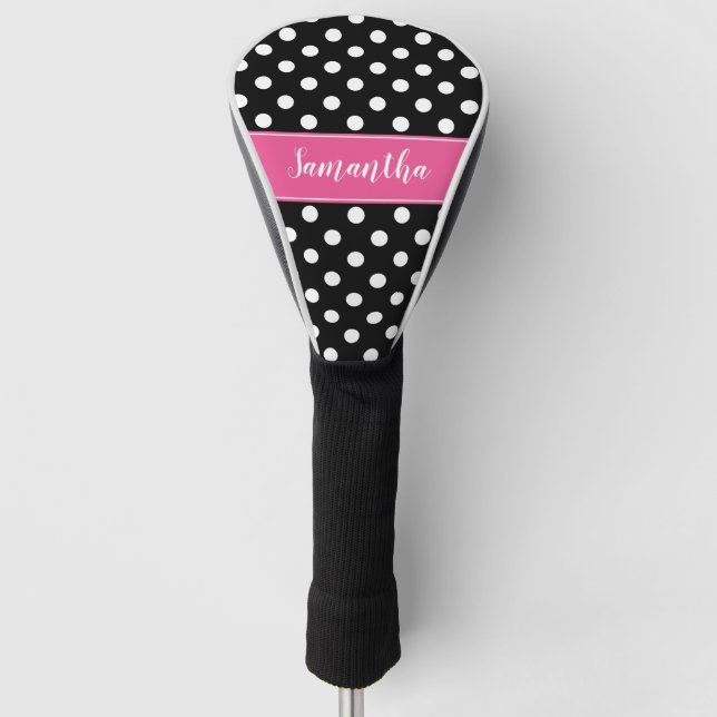 Preppy Pink and Black Polka Dots Personalised Golf Head Cover (Front)