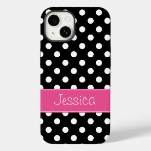Preppy Pink and Black Polka Dots Personalised iPhone 14 Case