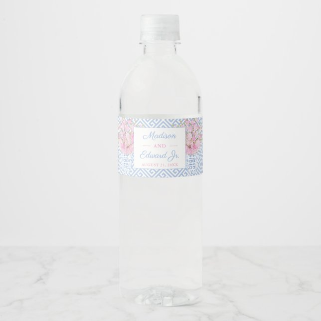 Preppy Pink And Blue Chinoiserie Wedding Water Bottle Label (Front)