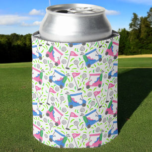 Preppy Pink and Blue Golf Cart / Golf Pattern Can Cooler