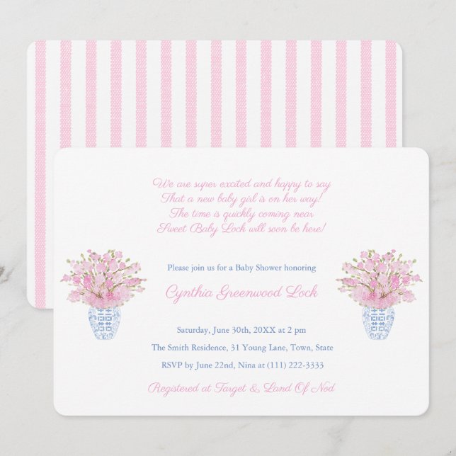Preppy Pink And Blue Little Girl Baby Shower Party Invitation (Front/Back)