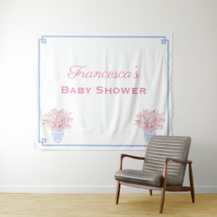 Preppy Pink And Blue Online Baby Shower Backdrop Tapestry