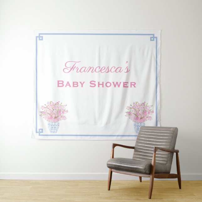 Preppy Pink And Blue Online Baby Shower Backdrop Tapestry (In Situ (Horizontal))