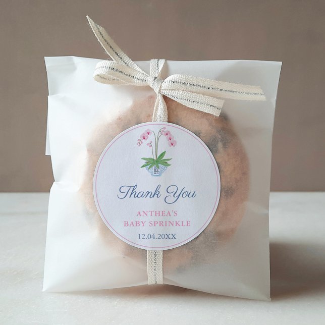 Preppy Pink And Blue Orchid Girl Baby Shower Favou Classic Round Sticker (Elegant pink watercolor orchid in ginger jar thank you favor sticker design)