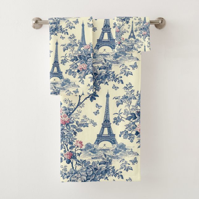 Preppy Pink and Blue Parisian Eiffel Tower Toile Bath Towel Set (Insitu)