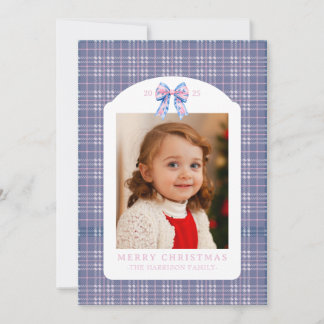 Preppy Pink and Blue Plaid Chinoiserie Bow Holiday Card
