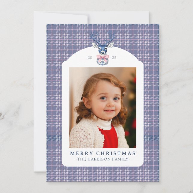 Preppy Pink and Blue Plaid Chinoiserie Christmas  Holiday Card (Front)