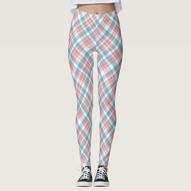 Preppy Pink and Blue Plaid Leggings (Front)