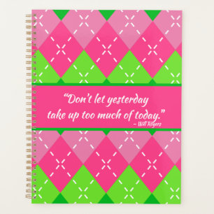 Preppy Pink and Green Argyle with White Stitching Planner