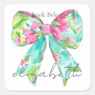 Preppy Pink and Green Bow Personalised Bookplate Square Sticker