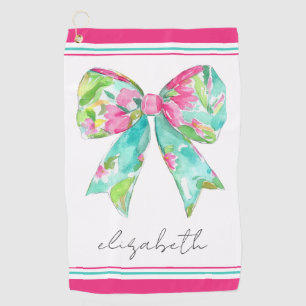 Preppy Pink and Green Bow Personalised Golf Towel