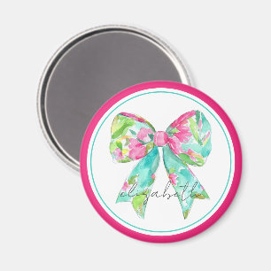 Preppy Pink and Green Bow Personalised Magnet