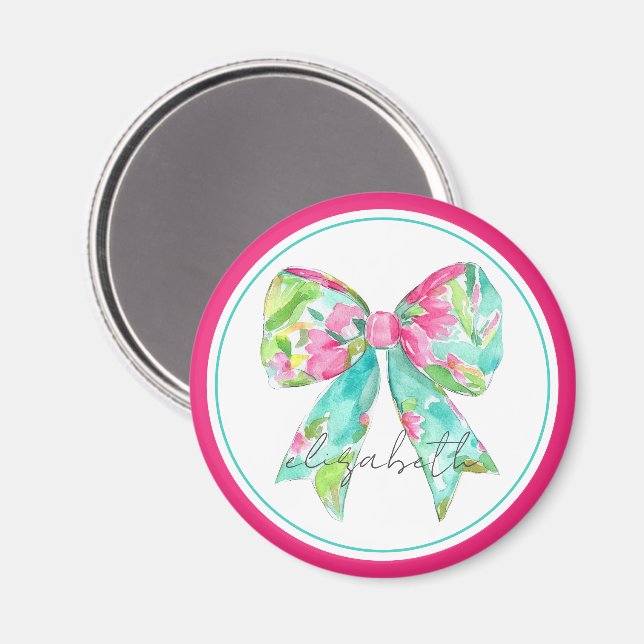Preppy Pink and Green Bow Personalised Magnet (Front/Back)