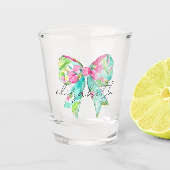 Preppy Pink and Green Bow Personalised Shot Glass (Front)