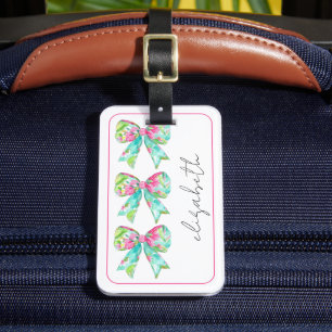 Preppy Pink and Green Bow Personalised Travel Luggage Tag